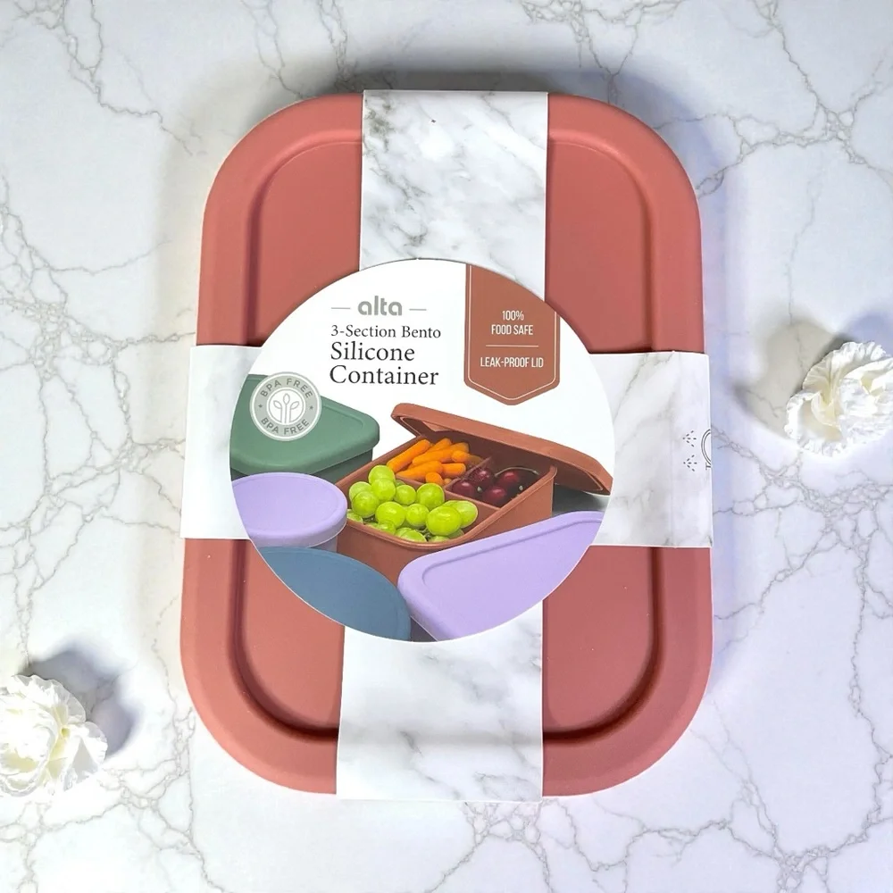 Silicone Bento Food Container 3-section Mauve Leak-Proof Micro Dishwsr Safe NWT